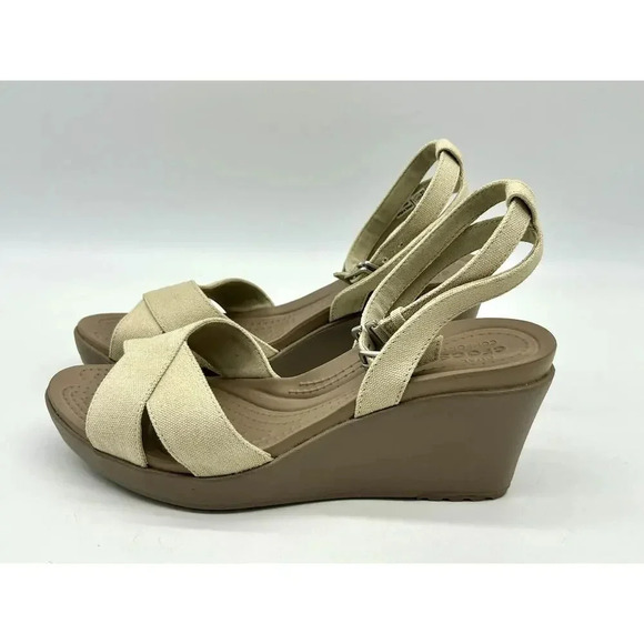Crocs Leigh II Cross Strap Ankle Wedge Sandals Womens Size 10 Beige Shoes 204950 - Picture 9 of 12